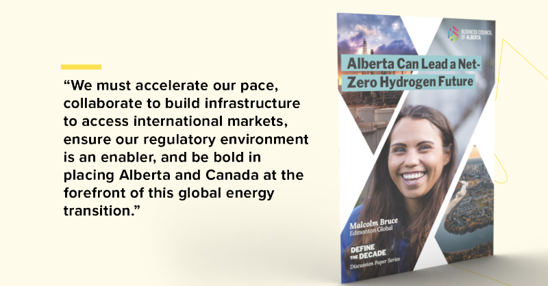 BizCouncilofCan's tweet photo. For their latest Missions &amp; Moonshots discussion paper as part of their #DefineTheDecade initiative, our colleagues at @BizCouncilAB engage @EdmontonGlobal CEO Malcolm Bruce to explore how Alberta can lead the world in #hydrogen development and export.