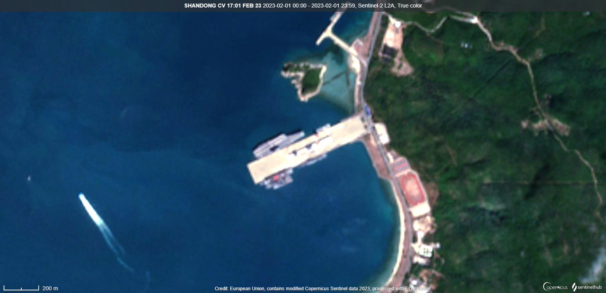 d_viekass's tweet photo. #Sanya #Shandong #CV17 in Harbour on 01 Feb 23:11:22:52 LT China📸#Sentinel2 🛰️ Last monitored at Sea on 23 Dec 22. Alongside since 30 Dec 22. Not deployed to monitor #CSG11 operating in #SCS. @Moochikal @raje271065 @MT_Anderson @AndrewSErickson @duandang @supbrow @CeciliaSykala https://t.co/9KPMr9nfgh