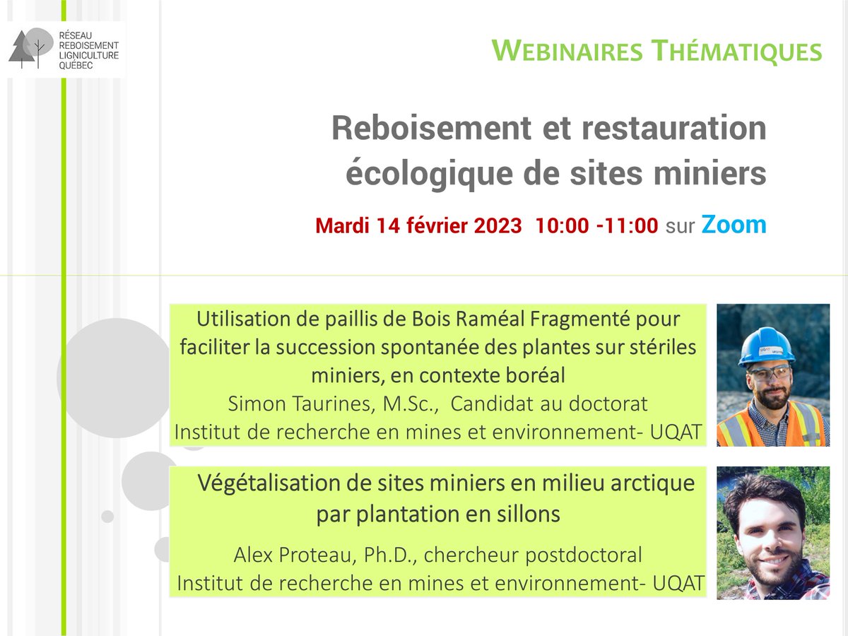 RebLigniQc's tweet photo. [RAPPEL]
N'oubliez pas de vous inscrire au prochain webinaire sur le #Reboisement et la #Restauration_écologique de sites miniers @RebLigniQc avec des chercheurs de l'équipe de M.Guittonny @IRME &amp; @UQAT
 #14_février @10h sur Zoom
Inscription et résumé ici:
https://t.co/PCslFTvR7j https://t.co/ofLJeEZNdm