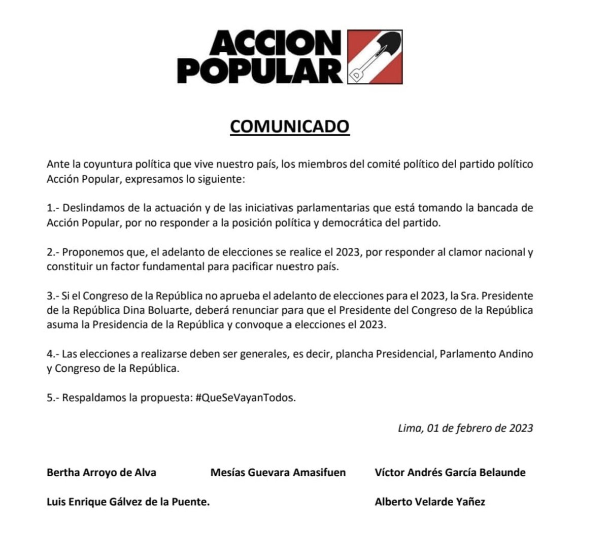 #AlertaLegislativa: Desde el partido #AcciónPopular, los principales dirigentes se pronuncian en contra de los proyectos de su bancada, y expresan su postura a favor del adelanto de elecciones al 2023 y #QueSeVayanTodos.