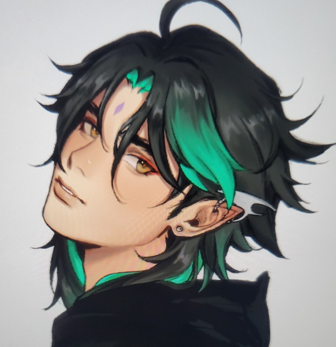 xiao (genshin impact) 1boy male focus solo black hair pointy ears piercing ahoge  illustration images