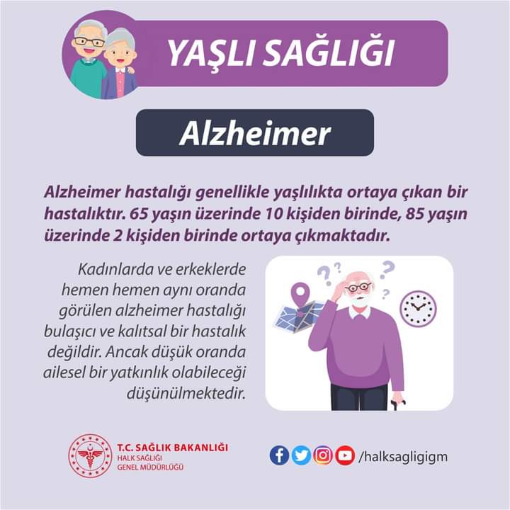 Alzheimer hastalığında, beynin bazı bölgelerinde proteinler biriktiği için beyindeki sinir hücreleri hasar görür ve haberci kimyasal maddeler azalır. Bellek ve öğrenme gibi zihinsel beceriler bozulmaya başlar. 
#YaşlıSağlığı
#Alzheimer
