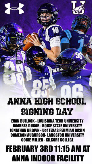 Congrats to our Coyotes who signed their letter of intent today to continue their athletic career at the college level. Due to the weather today, we will host a formal signing ceremony Friday Feb 3rd 11:15 am at Anna Indoor. Please join us as we celebrate these individuals

#CU