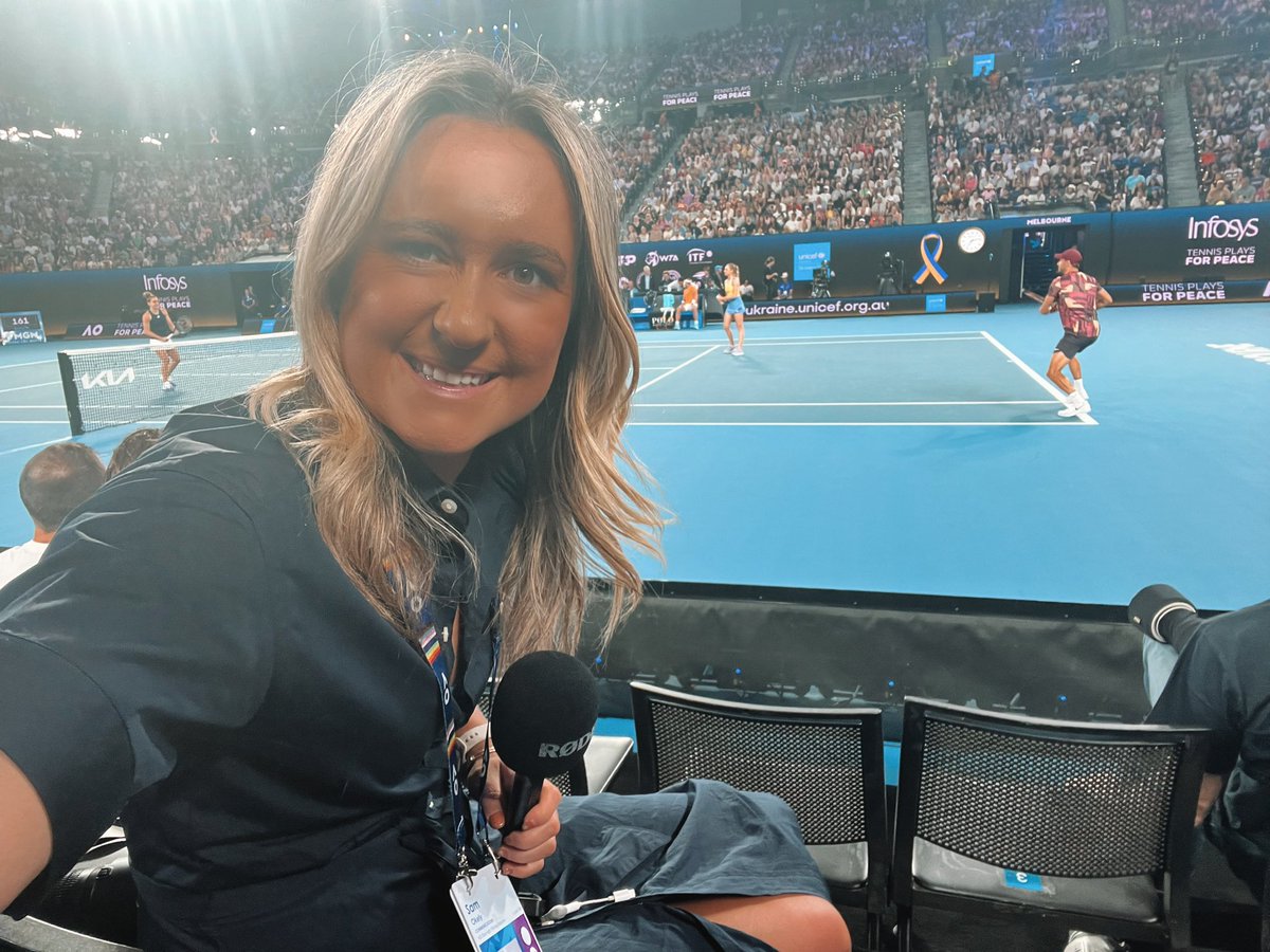 samokely's tweet photo. Loved managing &amp; fronting the @AustralianOpen coverage to kick off the year 🎤🎾

Record crowds &amp; social media numbers. So proud of our team. https://t.co/Vbo63pOzMK