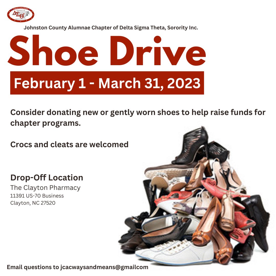 Is your closet due for a cleaning? 

We are collecting new and/or gently worn shoes and need your help!

#JoCoDeltas #DST1913 #ShoeDrive