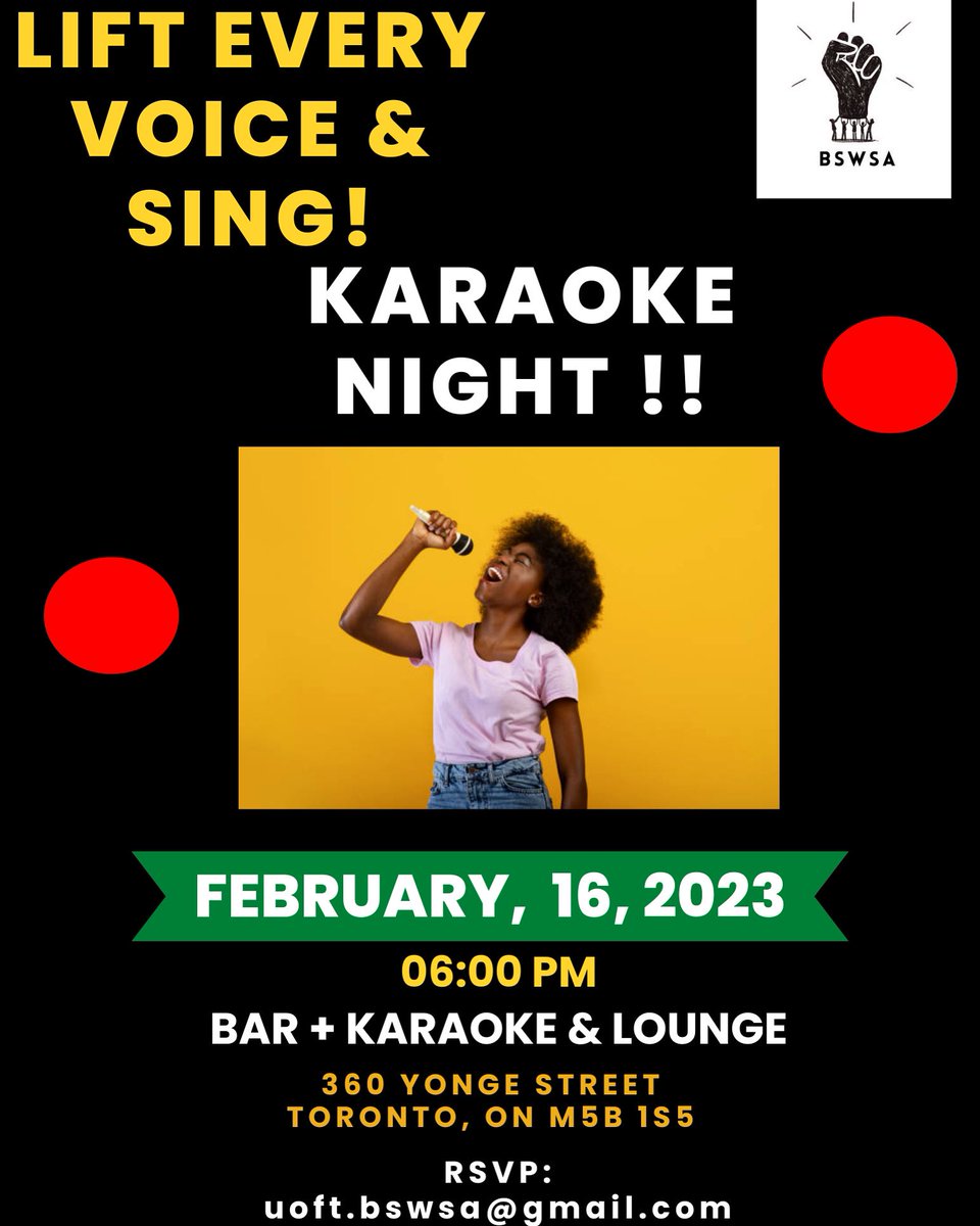 If you love to sing it out - this event is for YOU! 🎤🎤 Please join us for a Karaoke night where you can sing &amp; connect with other Black Social Work students in our faculty! Come join us for a night of fun, community &amp; relaxation. 🎤🎤