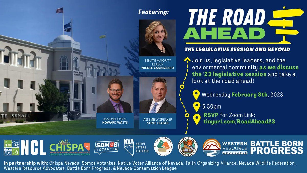 Sign up to join the environmental community & local leaders on Feb 8 as we hash out how to protect Nevada’s environmental progress and how you can get involved in this legislative session. Don’t miss out & sign up 🎟 tinyurl.com/RoadAhead23ati…