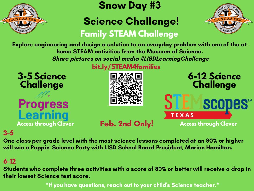 LancasterISD's tweet image. Today, we’re challenging our students to #TigerUp & compete in our science challenge. 3-5 students can receive a Poppin' Science Party with LISD Board President, Marion Hamilton. 6-12 students can get their lowest science test scored dropped! Sign in to Clever to get started!