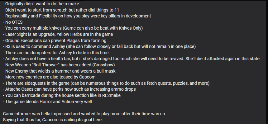 stevieb5986's tweet photo. This was dropped in discord and is a great summary of all the new things we learned from G.I. about #ResidentEvil4Remake!  My highlights are no more QTEs and side quests. I love the idea of side quests in this setting and I cant wait to see how they're implemented! #REBHFun https://t.co/vudzLaHi5X