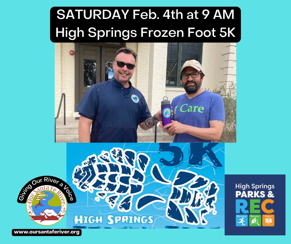 OurSantaFeRiver's tweet photo. Our Santa Fe River donates reusable water bottles to High Springs Parks and Recreation in support of their Frozen Foot Race this Saturday. Register now by following the link: https://t.co/1gT9GMvKWD https://t.co/WhITmUlVIC