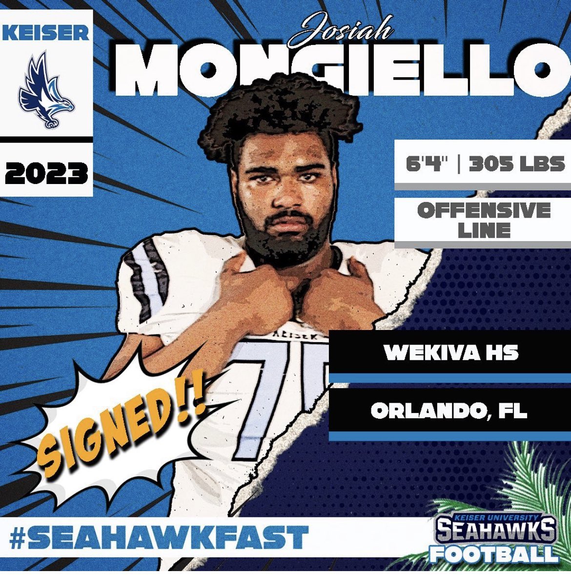 Josiahmongiell1's tweet photo. I wanna thank God for every opportunity I’ve gotten. I appreciate every coach that saw  potential in me. So I’m blessed to say Im 100% Committed to @KeiserFootball 
🦅💍🏆
@coachschwartz3 thank you for everything you changed my life

 @WekivaFootball @coachSocha @CoachJLord1 https://t.co/XeOS1dGTh1