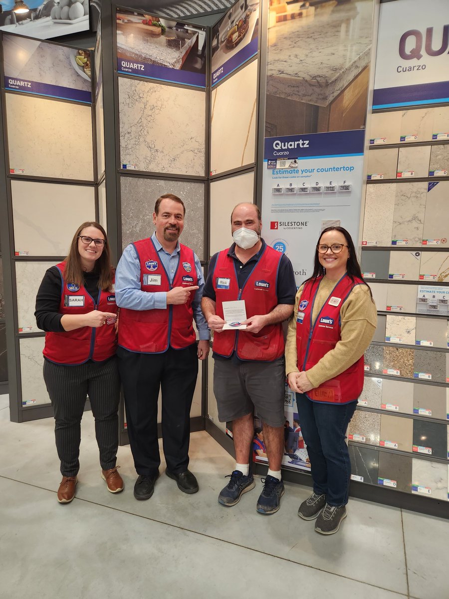 Great visit today by Sarah Noland and Jim Buckley, they where able to recognize cabinet specialist Rick Hanson for a great customer experience that gained Lowe's north frederick(2826) a customer for life. <a href="/CorbinTFarr/">Corbin @ Lowe’s</a> <a href="/BenitoKomadina/">Benito.Komadina@Lowes</a> <a href="/DustinCornell5/">Dustin Cornell</a> @GotoLowes