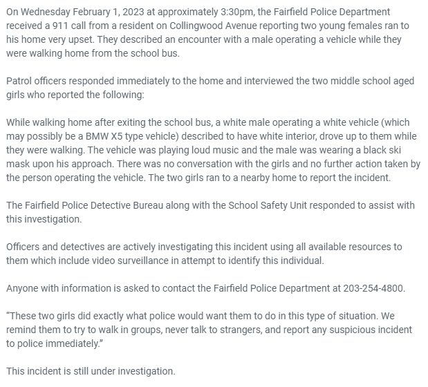 FPDCT's tweet image. Police investigate suspicious person who encountered middle school aged girls walking home from school bus on Collingwood Ave.