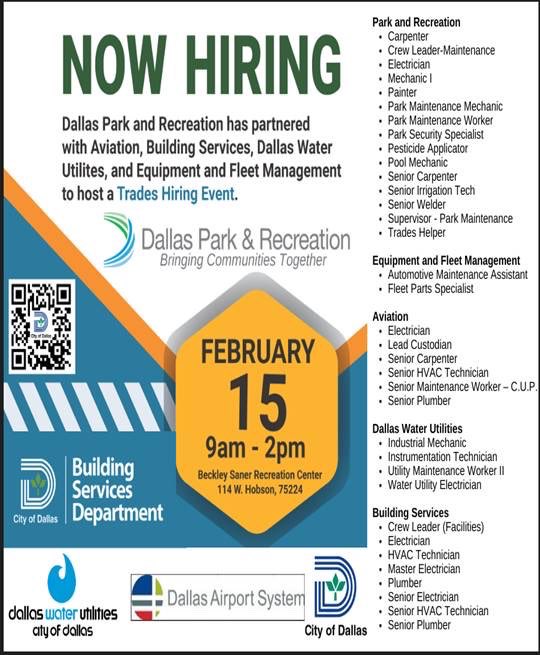 arunatnextt's tweet photo. Trade hiring event @CityOfDallas jointly by @DallasParkRec, Water Utilities &amp; Building services on Feb 15. Please help city bring needed help by  spreading the word. https://t.co/rXCVUCgQoY