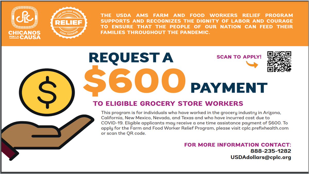 HELPNM's tweet photo. Are you a cashier, butcher, meat cutter, grocery stocker or food preparer at a supermarket or grocery store? If you've been employed as a front-line worker or a front-line supervisor from Jan. 27, 2020 – present, you might qualify for a $600 payment. Learn more call 888-235-1282! https://t.co/I1cr4GGJbo