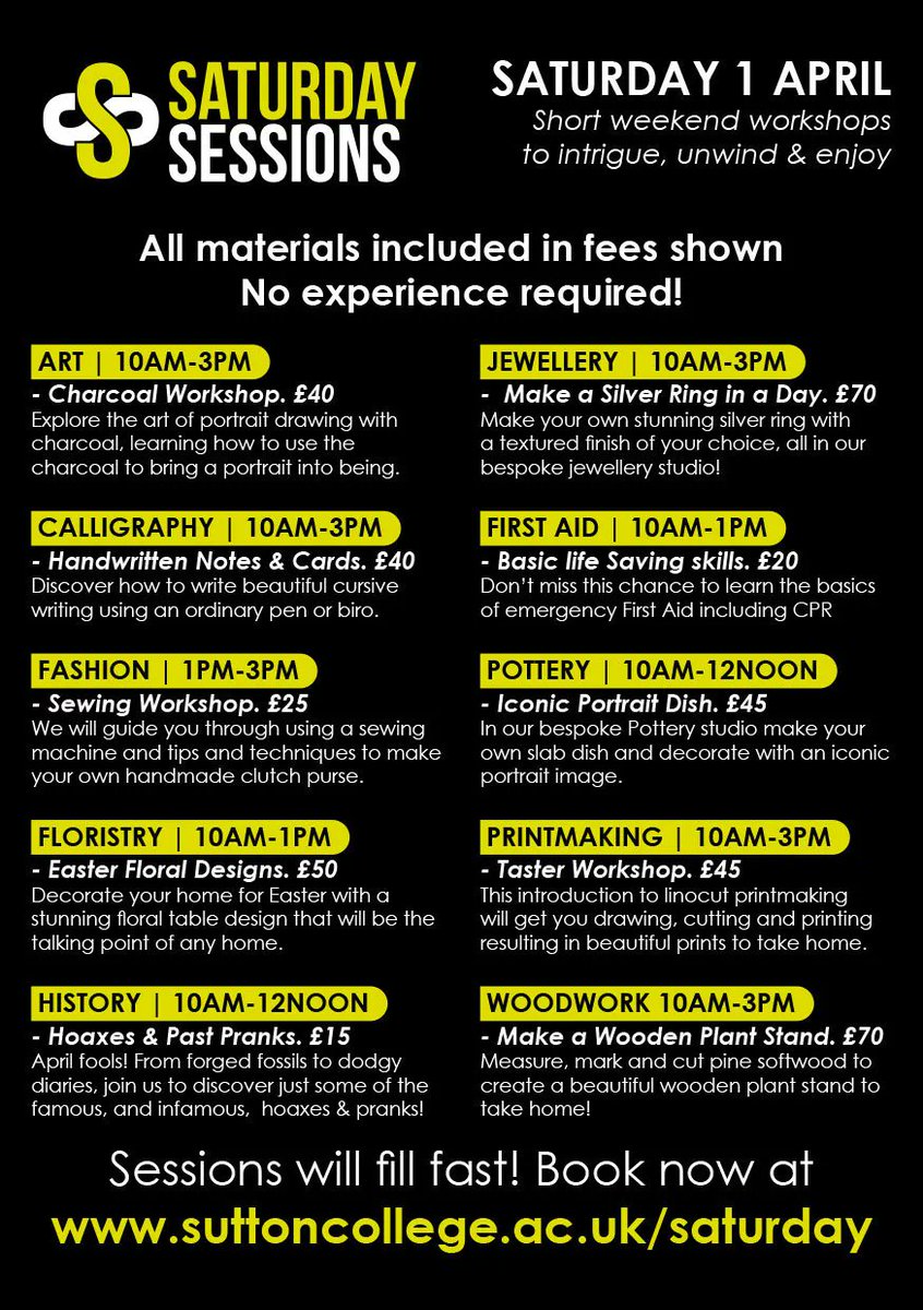 Try something new on one of our NEW Saturday Session workshops - Printmaking, Making your own Silver Ring, Sewing, Art, Calligraphy &amp; lots more! 
See bit.ly/40mRwGw and book now to avoid disappointment! @EnjoySutton <a href="/SuttonCouncil/">Sutton Council</a>