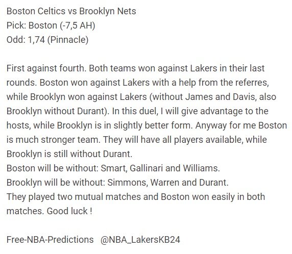 Boston Celtics vs Brooklyn Nets
Pick: Boston (-7,5 AH)
Odd: 1,74 (Pinnacle)