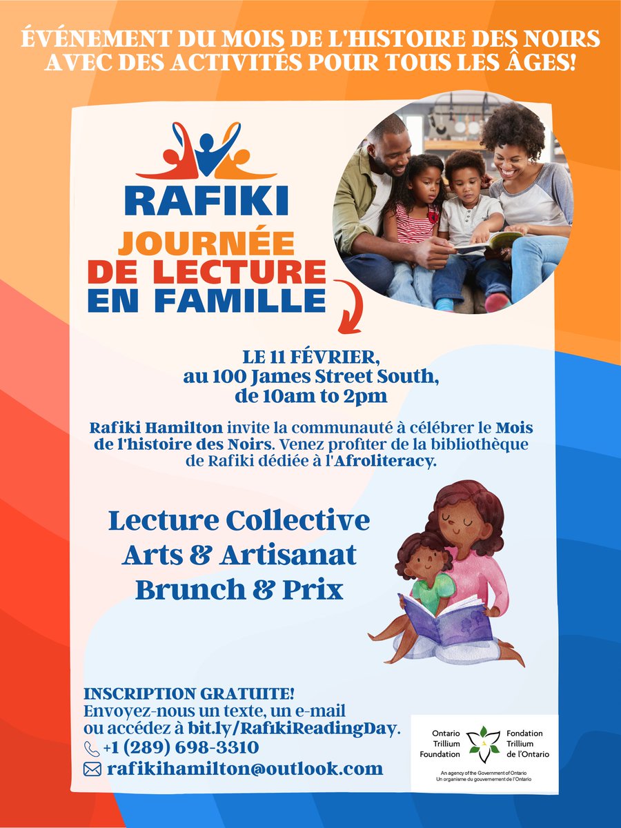 Pour célébrer le Mois de l'histoire des Noirs, nous vous invitons à participer à notre journée de lecture familiale. Ne manquez pas l'occasion de découvrir notre collection axée sur l'afroliteracy. Inscrivez-vous via ce lien: bit.ly/RafikiReadingD….