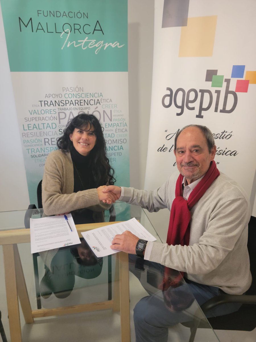 🖊️🤝🏻 Avui matí, a la seu de la Fundació Mallorca Integra, n'Aurora Sampol, gerent de la <a href="/MallorcaIntegra/">Fundacion Mallorca Integra</a> i en Pep Lluís Berbel, president de l'AGEPIB han firmat conveni de col•laboració entre les dues entitats.