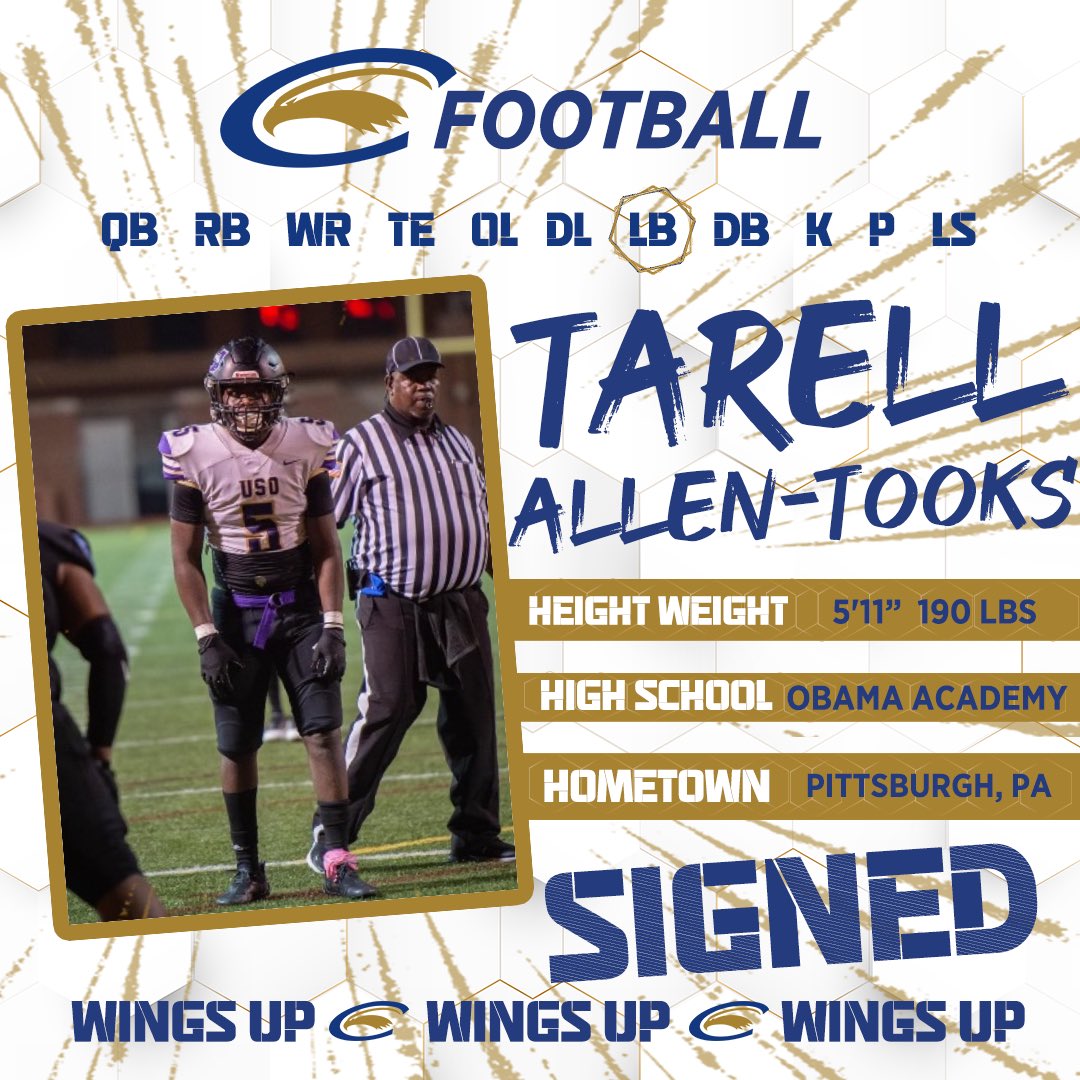 ClarionFootball's tweet photo. 𝓢𝓲𝓰𝓷𝓮𝓭 🖊

Welcome to the Clarion Family❕

🖊 | Tarell Allen-Tooks 
📱 | @AllenTooks 
🏈 | Linebacker 
📏 | 5’11” | 190 lbs 
🏫 | Obama Academy HS
🏡 | Pittsburgh, PA 

#WingsUp | #NSD23 https://t.co/hsrEWbYrg9