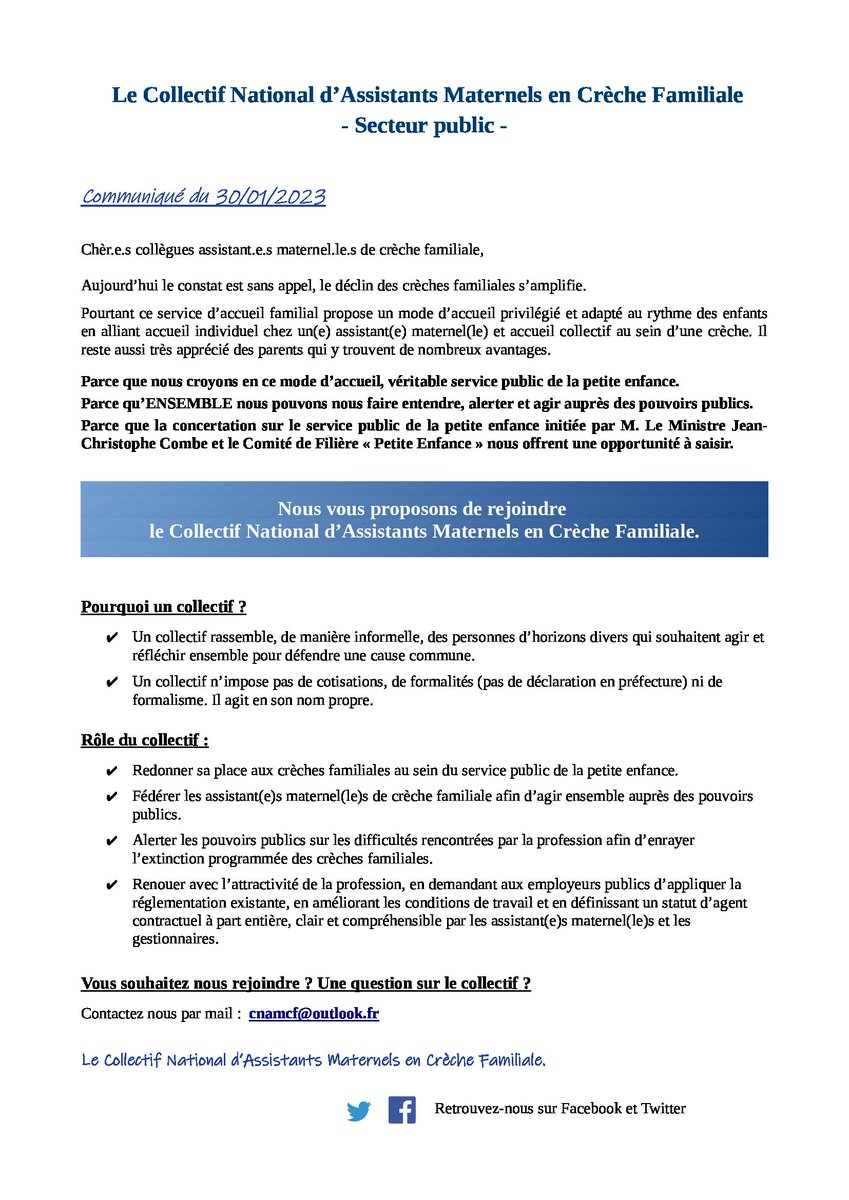 Nous #Assmat de #crechefamiliale serions-nous les oubliées de la #petitenfance ?
Communiqué du Collectif National 
d' #AssistantsMaternels en Crèche Familiale  #CNAMCF #AssMatCrecheFa
Sauvons les Crèches Familiales!
#assistantematernelle #eaje 
#servicepublicpetitenfance #creche