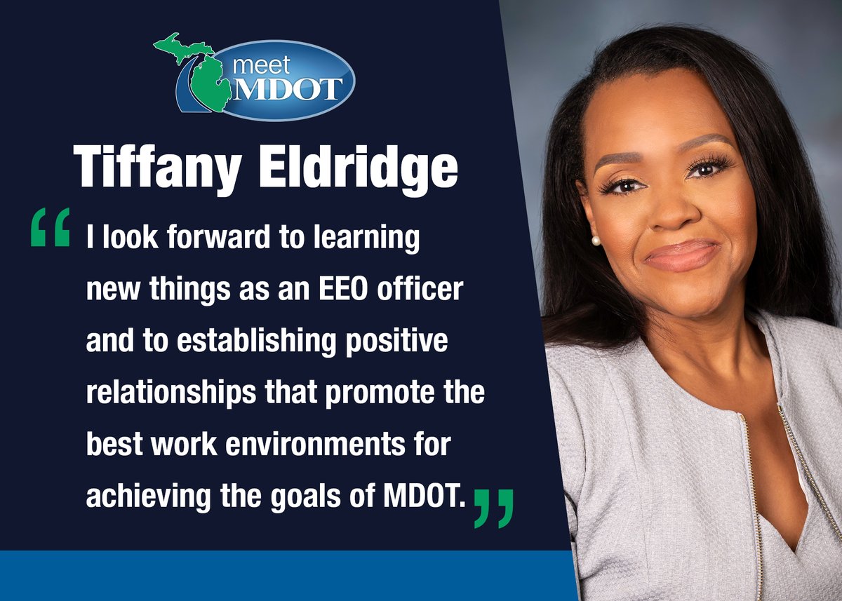 MichiganDOT's tweet photo. Meet Tiffany Eldridge, @MichiganDOT's equal opportunity officer (EEO) who ensures all MDOT employees have equal access to employment opportunities and promotes the spirit of diversity and inclusion.
https://t.co/0T1w4RVRKE #MeetMDOT https://t.co/8cOiq5x8T4