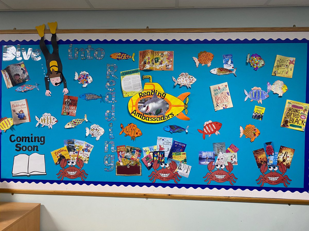 MetheringhamP's tweet photo. A very talented member of staff and our English Leader have created a wonderful reading display to showcase our love of reading. #diveintoreading #lookatwhatwearereading #readingforpleasure https://t.co/ekfcAjlvAI