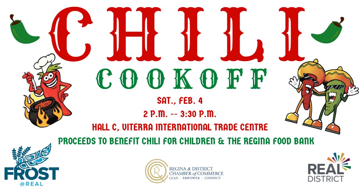 ReginaChamber's tweet photo. Who makes the best chili in #YQR? We'll find out Saturday at the #FrostChiliCookOff. Some of #YQR's top chefs will battle it out at @REALDistrictyqr to be recognized as having the best chili in the Queen City. Join the fun, have some chili & vote for your favourite chef https://t.co/rHIRZZGczq