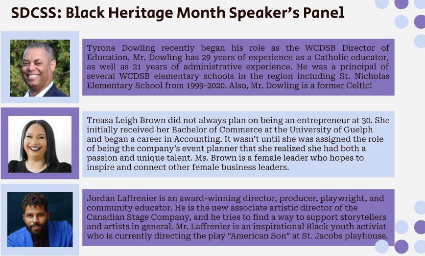 <a href="/StDavidCeltics/">St David Catholic Secondary School</a> Student Equity &amp; Engagement Team is excited to celebrate Black Excellence with its 2023 Panel. Thankful to our ‘22 Panelists for lighting the energy of our community! @TyroneDowling <a href="/treasaleigh/">Treasa Leigh Brown</a> <a href="/canadianstage/">Canadian Stage</a> <a href="/Hans__Roach/">Hans Roach</a> <a href="/Tchosen1_11/">Tesloth Simon</a> <a href="/_colleenjames/">Councillor Colleen James MEd. (she/her)</a> <a href="/WCDSBequity/">WCDSB Equity, Diversity and Learning Committee</a>