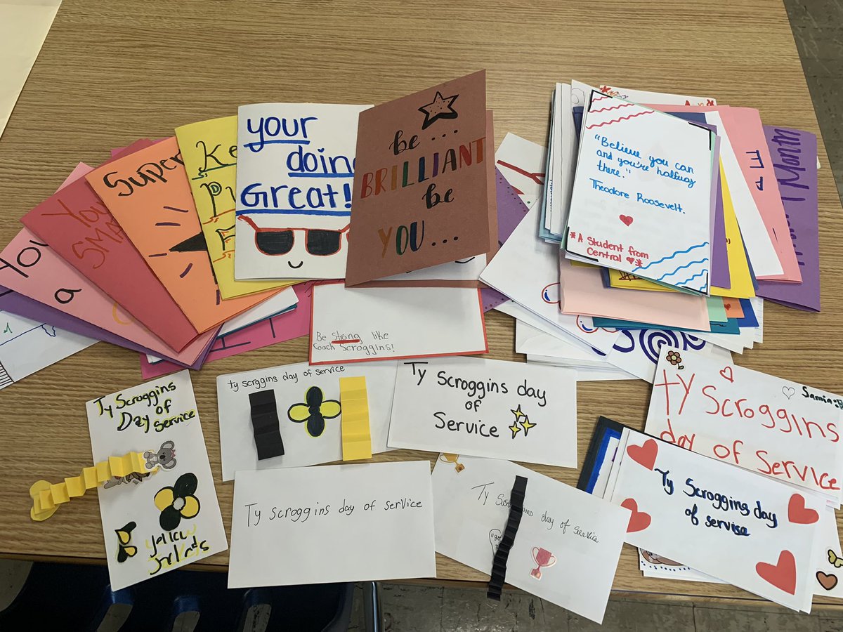 EllenNiehoff's tweet photo. To kick off Central’s Black History Month, we had our 2nd Annual Ty Scroggins Day of Service. Our students wrote notes of encouragement that will be shared with students at King Elementary. Coach Scroggins smile was infectious so it is only right to send some smiles to King! https://t.co/A4B0iclyKJ