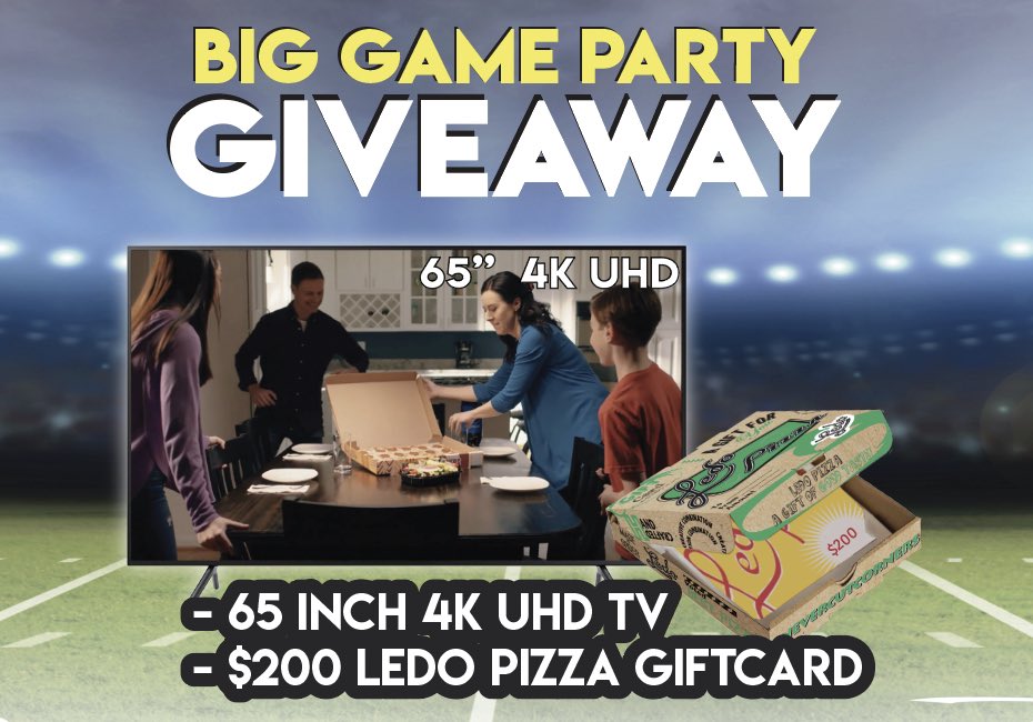 LedoPizza's tweet photo. 🏈 Big Game Party Giveaway 🏈

Watch the BIG GAME with Ledo Pizza!

One Lucky Winner will win:
- 65 inch 4K UHD TV
- $200 #LedoPizza Gift Card

Enter Now: https://t.co/tcUKiKDQAU

Giveaway Ends 2/5/23 at 10pm EST. https://t.co/agrwtW9lKe