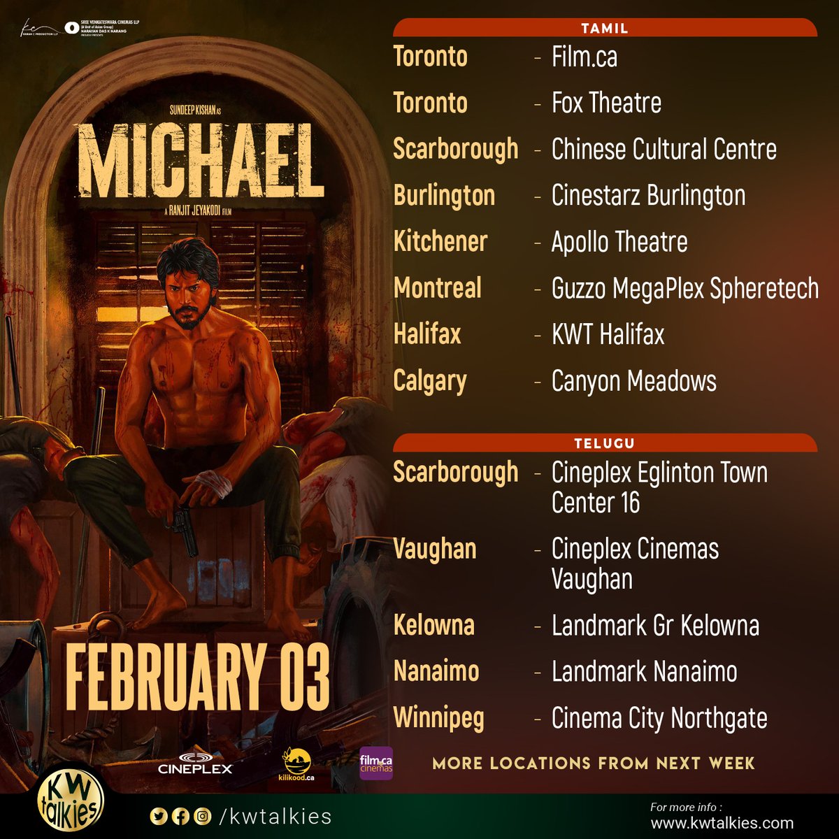 *Advance Bookings Open across Canada for Michael ✨*

Solid & Power Packed Movie with a perfect blend of Action and Emotion 🔥

Hitting Screens on Feb 3rd🇨🇦

#SundeepKishan #GowthamVasudevMenon #VijaySethupathi #Tamil
#KWTalkies #KWTRelease
#michaelfromfeb3rd