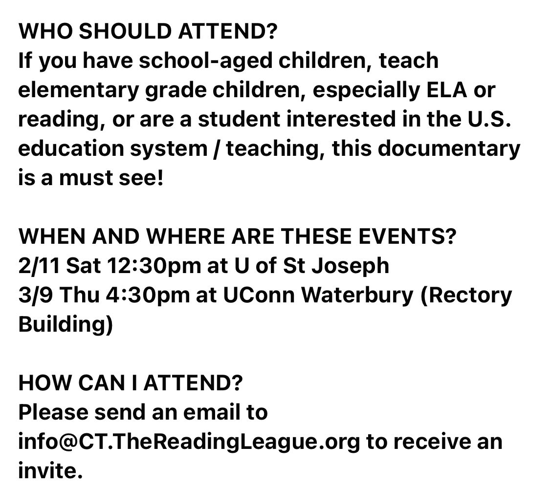 The Reading League CT, Decoding Dyslexia CT, UConn Waterbury and University of St. Joseph invite you to free private screenings of the documentary "The Truth About Reading”.