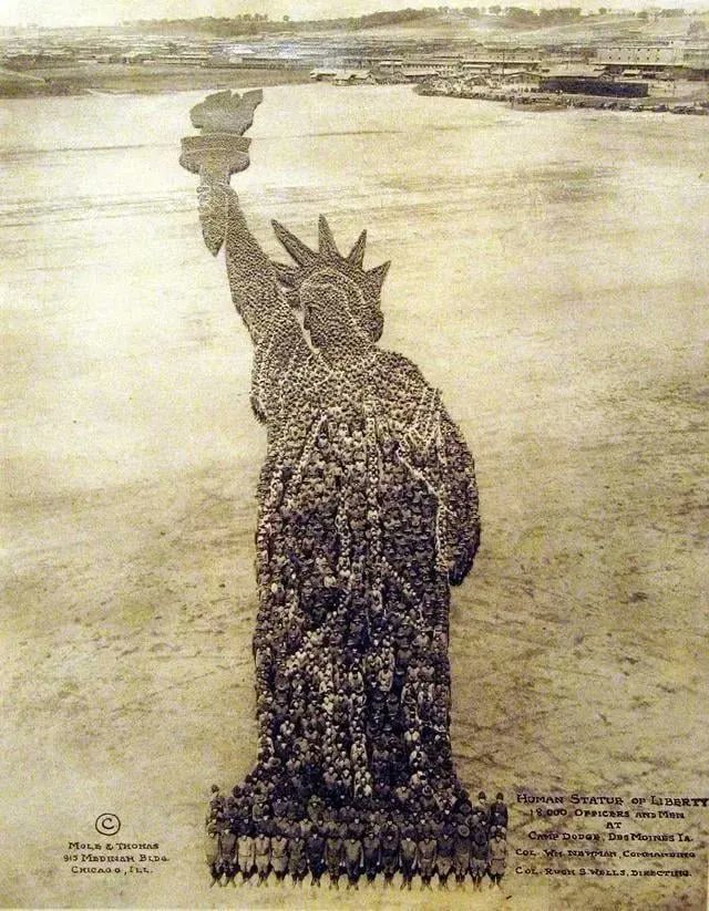 HistoryCalendar's tweet photo. Human Statue of Liberty made with 18,000 men, Camp Dodge, Des Moines, Iowa, 1918 https://t.co/UHYNlLGTcx