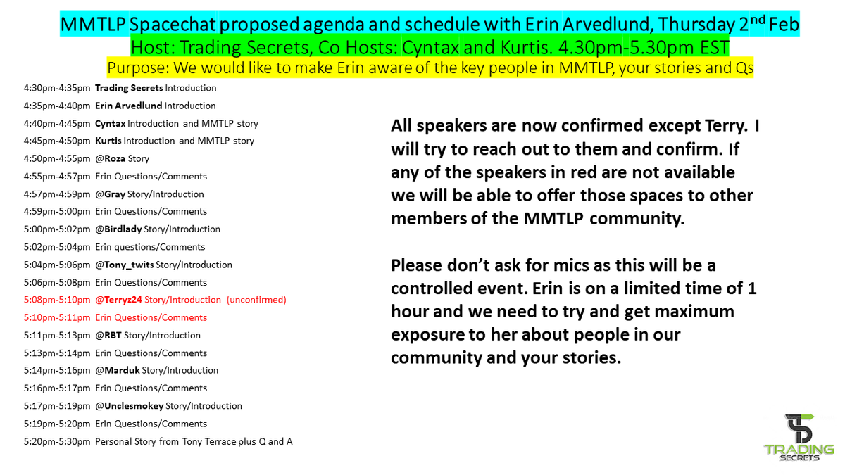 $MMTLP We now have confirmation of all speakers except <a href="/Terryz247/">Terryz24</a>  We will finish by having a personal story shared by <a href="/15Terrance/">little timmy</a> 
The schedule is very tight so speakers please try to limit your 2 min intros to about yourself and your mmtlp story. x.com/i/spaces/1lPJq…