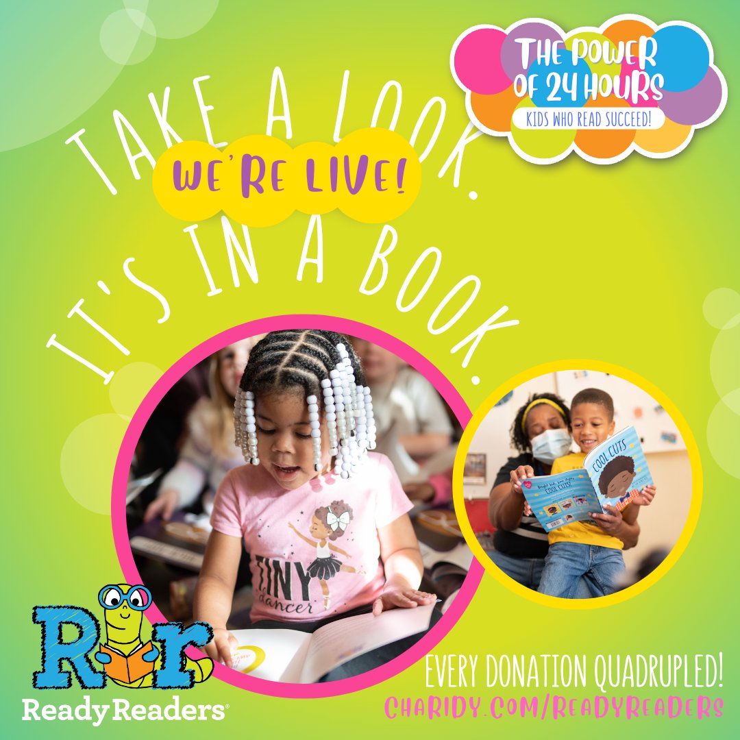 We're celebrating World Read Aloud Day with the Power of 24 Hours! For 24hrs, Ready Readers will celebrate the joy and power of literacy with 24 hrs of storytime and a 24-hr campaign to raise $220,000!! Join us now by visiting charidy.com/readyreaders. 

#KidsWhoReadSucceed
