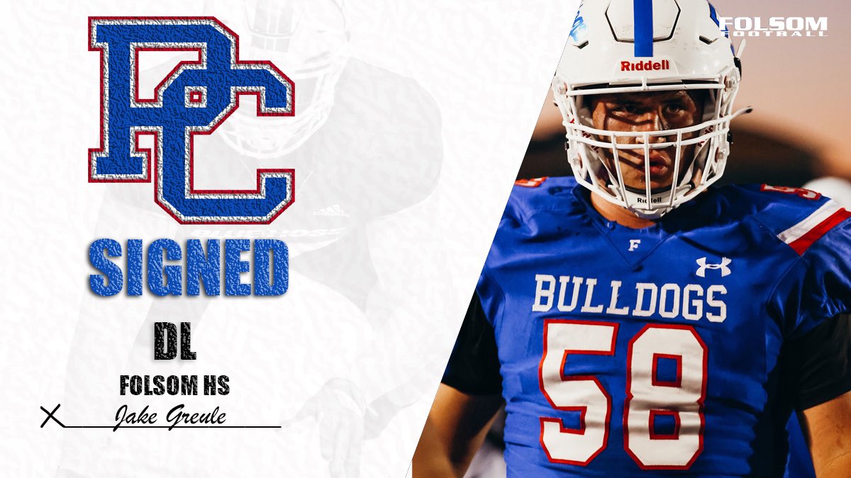 Congratulations to @FolsomBulldogFB DL @jakegreule signed with @BlueHoseFtball Today We are so proud of you #GoBullDogs ➡️ #PTR #SwingTheSword