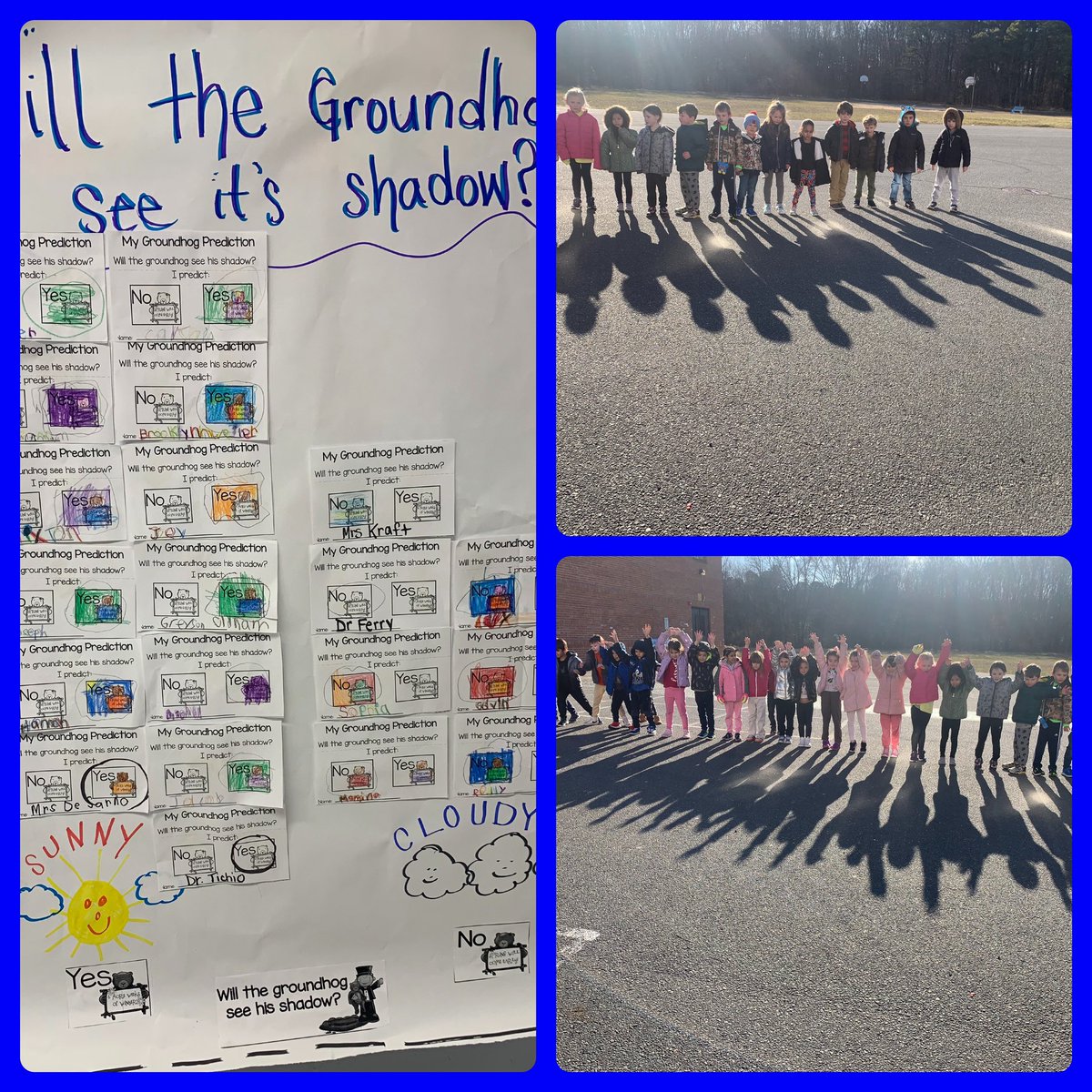 Ss learned that shadows are made by blocking light. We demonstrated this by blocking the sunlight with a solid object (kindergarteners). We than predicted if the groundhog will see his shadow or not…@kristin_1005 @VoorheesPrin @renee9kraft  #littlelearners