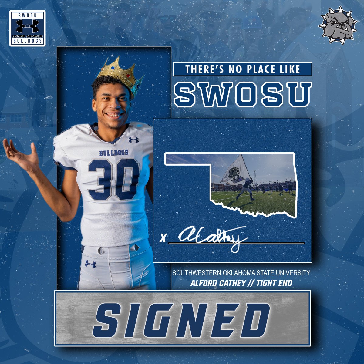 SWOSUFootball's tweet photo. ‼️ RING THE BELL ‼️

"Alford has great upside, we are looking forward to adding on to his ability!"

Welcome to the #DAWGPound Alford Cathey! https://t.co/UdkzIPszvt