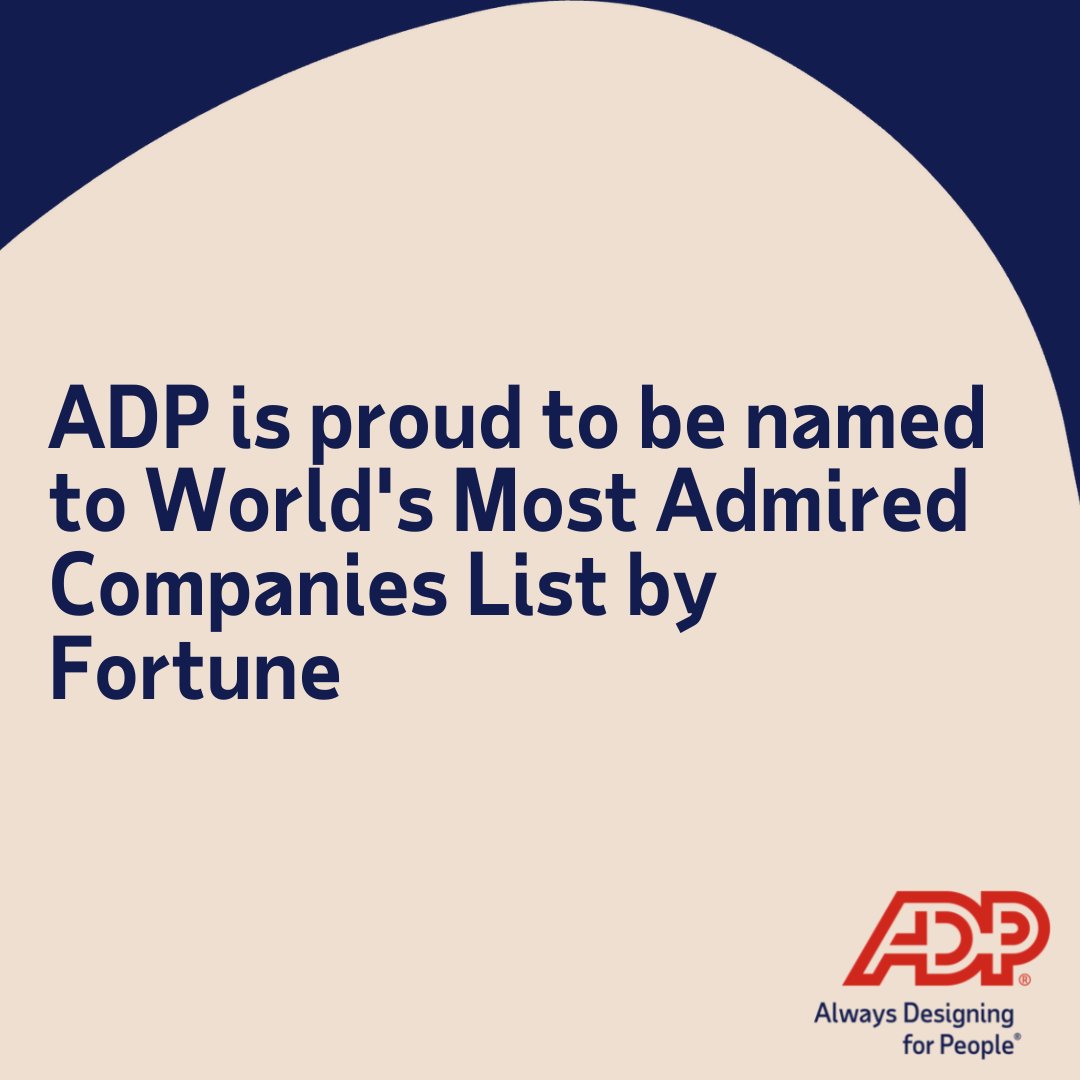 ADP is proud to be benamed by @FortuneMagazine as one of the 'World's Most Admired Companies' in 2023. 

This recognition marks ADP's 17th consecutive year on the notable list!

To learn more about the rankings, visit: bit.ly/40oRyxB

#MostAdmiredCos