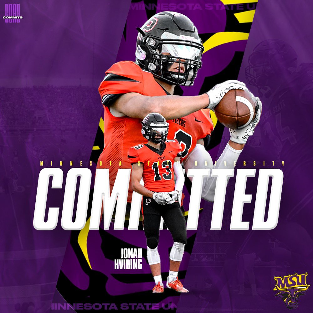 JonahHviding's tweet photo. Very excited to announce my commitment to Minnesota State University Mankato where I will be continuing my academic, football, and track career! A big thank you to @hoffner_todd @CoachHJones @ChrisParno for the opportunity
and thank you to my friends and family. #rollmavs 🤘🏼💜💛 https://t.co/eQ73zG8SDj
