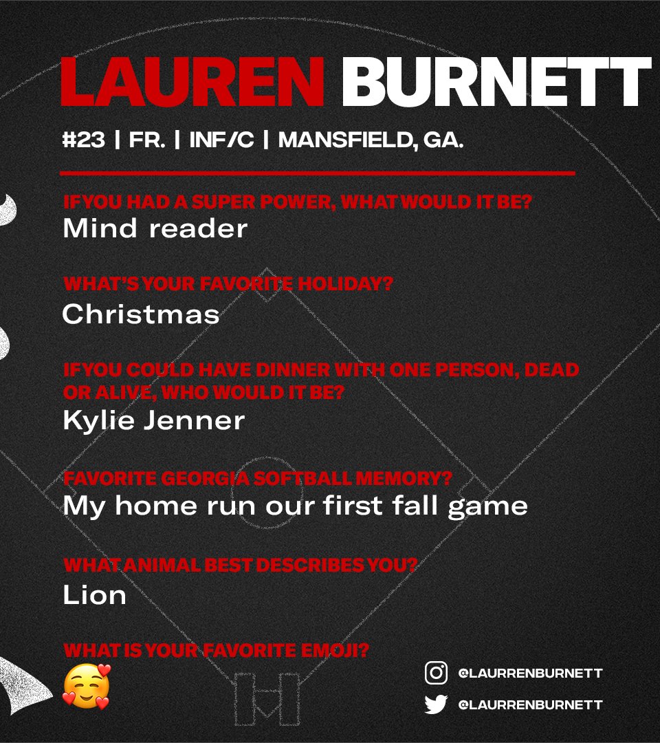 𝒢𝑒𝓉 𝓉𝑜 𝒦𝓃𝑜𝓌: <a href="/laurrenburnett/">Lauren Burnett</a> 

#Team27 | #GoDawgs