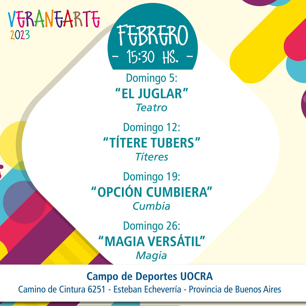 UOCRACultura's tweet photo. 😎 Febrero en #Veranearte⛱️
Conocé las propuestas de este mes. Te esperamos con sorteos y mucha diversión.
📍 Campo de deportes de UOCRA - Camino de Cintura 6251 - Esteban Echeverría.
@construirtv @uocra @FundacionUOCRA @Juventud_UOCRA https://t.co/iowMqA6D4X