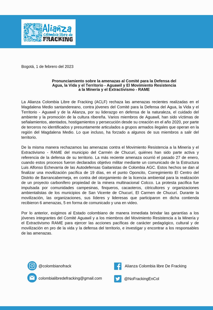 NoFrackingEnCol's tweet photo. Rechazamos las amenazas recientes realizadas en el Magdalena Medio santandereano, contra jóvenes del Comité para la Defensa del Agua, la Vida y el  Territorio - Aguawil y contra el Movimiento Resistencia a la Minería y el Extractivismo - RAME del municipio del Carmén de Chucurí. https://t.co/K5lLOKXfa0
