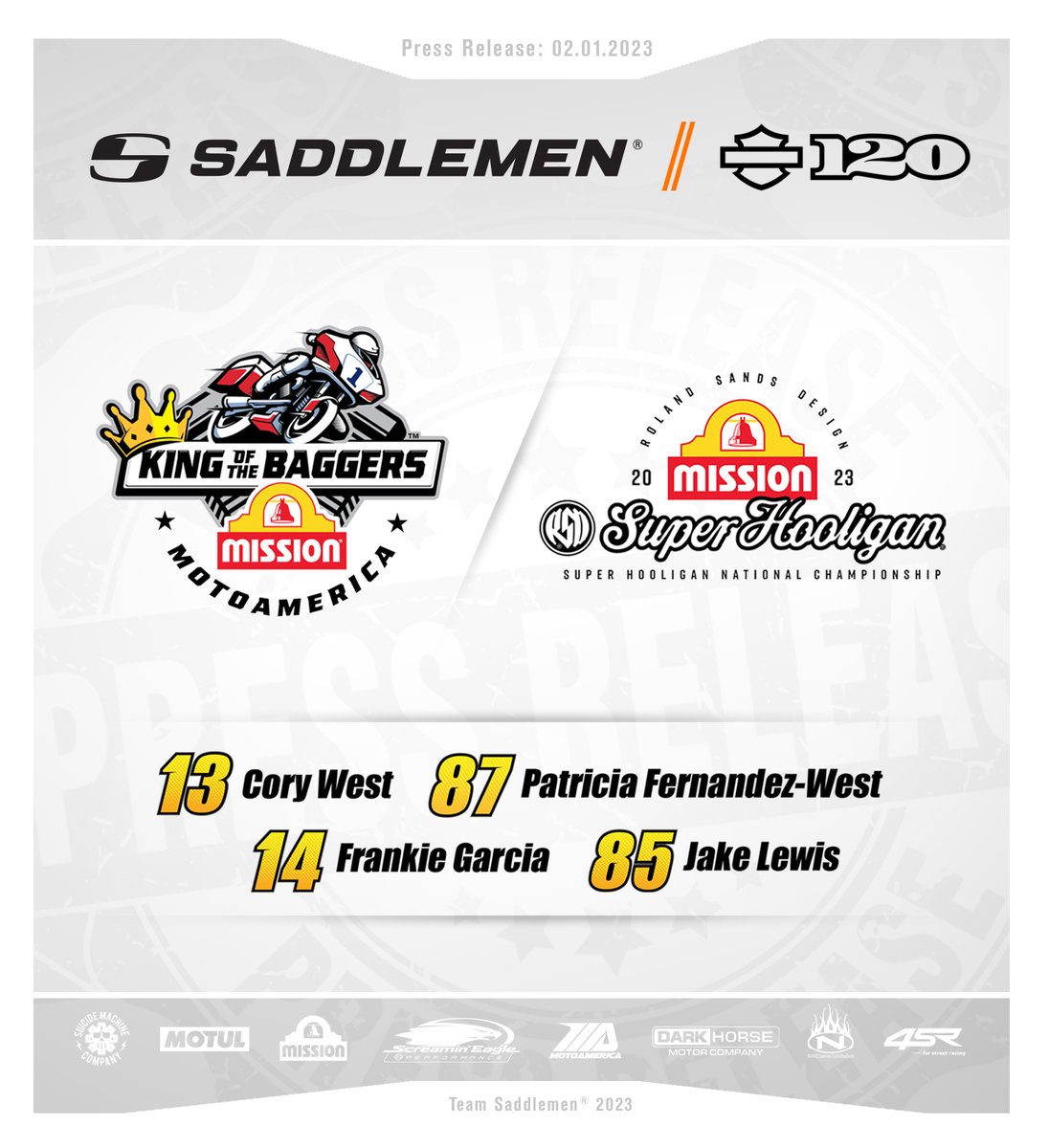Saddlemen set for four-pronged attack on the 2023 @MissionFoodsUS King Of The Baggers on @harleydavidson Road Glides with @jakelewis85, @Corywest13, Patricia Fernandez and Frankie Garcia. bit.ly/3kVmp4F