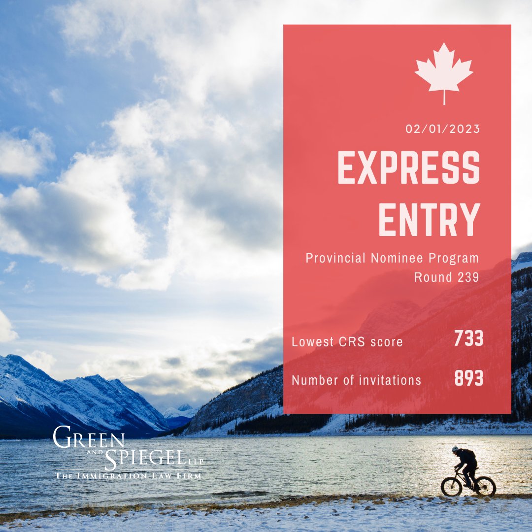 GreenAndSpiegel's tweet photo. On February 1st, 2023, IRCC held its first Provincial Nominee Program draw through the Express Entry system since June 2022. In today’s draw, 893 ITAs were issued to candidates with a minimum Comprehensive Ranking System score of 733 or higher. Read more: https://t.co/7UIoguybJ5 https://t.co/xgulqvS3hn