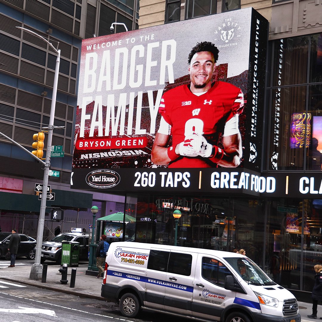 Badgers taking over NYC! Check out my recruiting class on a billboard in Times Square. Thanks for the support @VarsityCltv. Can’t wait to get started and show the world what we’re made of. #Onwisconsin #NSD2023 #TVCCF 🔴⚪️