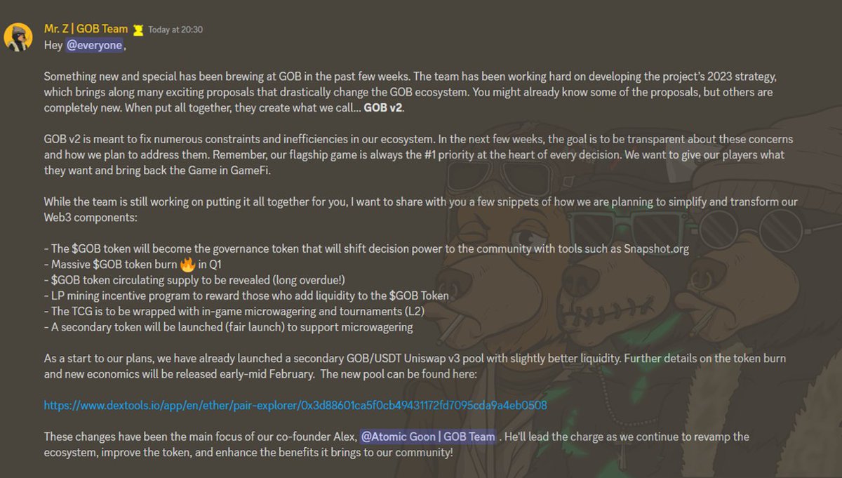 👀GOB v2 IS COMING👀

Something special has been brewing at GOB.

Today, we're excited to make our most Goonish announcement to date, as we begin to reveal our plans for the future of the GOB Token and our entire Goons Ecosystem 📢