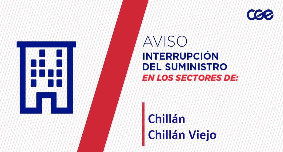 CGE_Clientes's tweet photo. Informamos a nuestros clientes de Cal y Canto, Avenida Reino de Chile, Inés de Suárez, Los Pipiolos y aledaños, comuna de #Chillán y #ChillánViejo, la interrupción del suministro eléctrico. Nuestro personal de emergencia ya está informado. /RT https://t.co/i65QsjkUmk