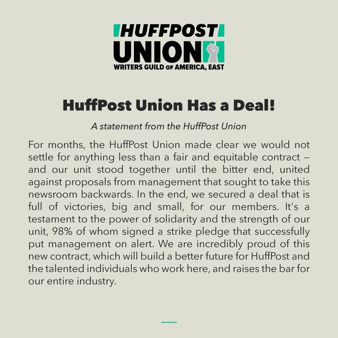WGAEast's tweet photo. We want to thank all our members and allies who sent letters and tweeted on behalf of the @HuffPostUnion. Your solidarity had a real impact at the bargaining table, and we can’t thank you enough. #1u #solidarityforever https://t.co/8kzresLDAn